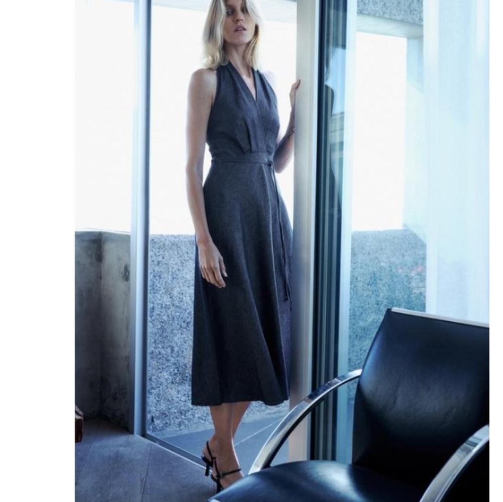 Zara ZW Collec Denim Halrer Neck Midi Sleeveless Flowy Elastic Back Dress Sz-L